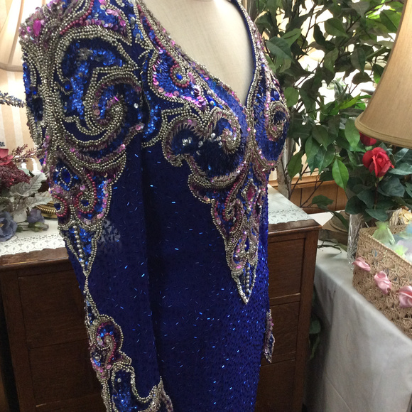 SOLD ... More Pics of Glitzy Silk Blue Sequin Gown - Picture 7 of 8